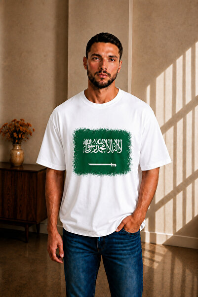 sngl tekstil Men's Oversized Saudi Arabia Flag Printed Short Sleeve T-Shirt S...