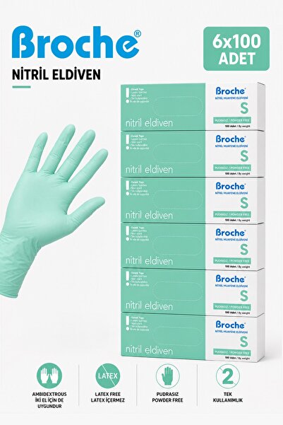 Broche Dust-Free Nitrile Gloves Size S Turquoise Green Pack of 6