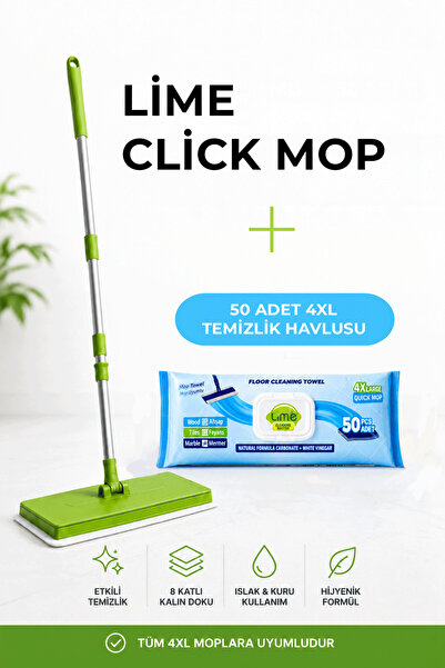 Lime Click Mop 32 cm 360° Döner Otomatik Kıskaçlı + 50 Yaprak 4XL Temizlik Ha...