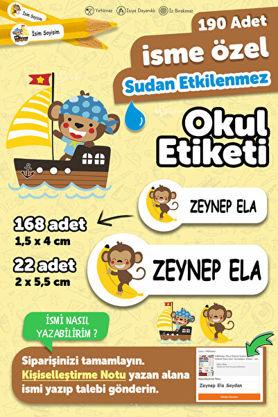 MSticker Okul Etiketi Kalem Defter Etiketi Sevimli Maymun Temalı Özel Isim Ya...