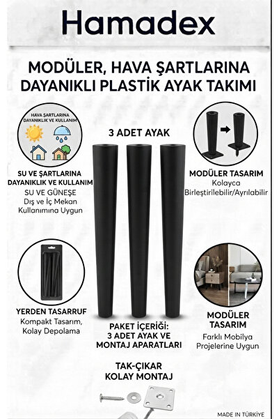 HAMADEX 48 cm Siyah Sert Plastik Sehpa Ayağı (3 Adet + Aparatlar) | İç Mekan,...