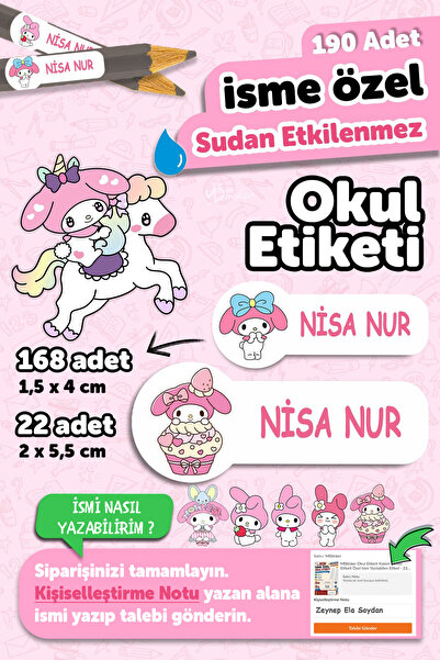 Tieni Okul Etiketi Kalem Defter isimli Etiket Isim Yazılabilen MyMelody2 - 19...