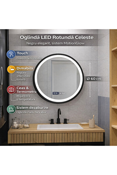 OEM Oglindă rotundă LED 60cm Celeste Majeste Noir MotionGlow Marcello, intens...