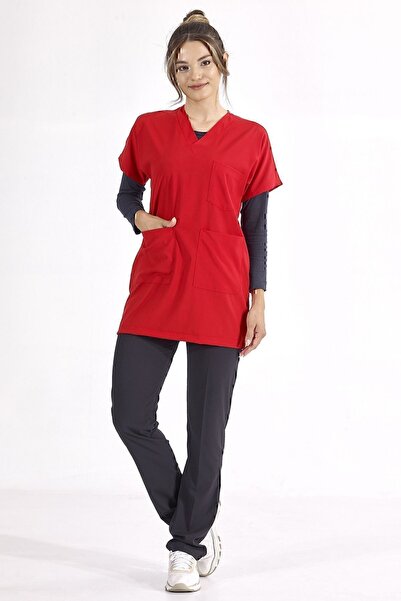 ÇİZGİ MEDİKAL Red Greys Tunic Oversized Hijab Doctor Nurse Medical Uniform Si...