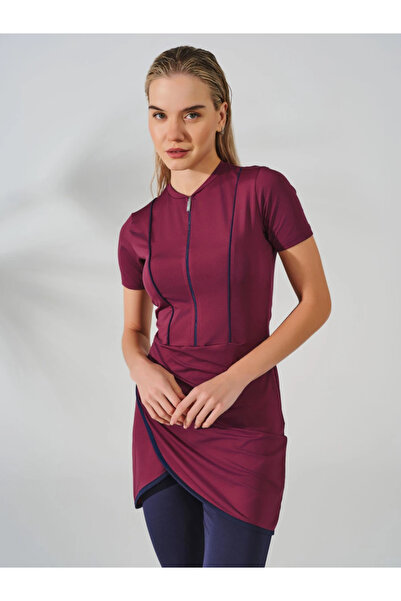 ALFASA Half Sleeve Half Closed Swimsuit with Piping Wrap Skirt