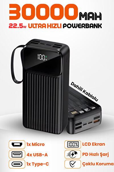 Enshall 30.000 mAh Linkage 22.5W Hızlı Şarj Destekli Dahili Kablolu Taşınabil...
