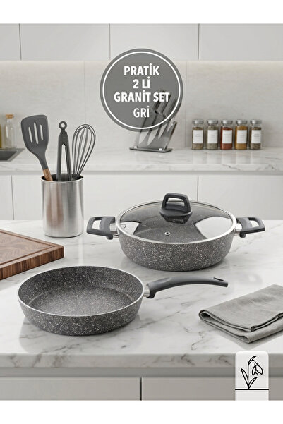 FMS PRATİK GRİ 2'Lİ GRANİT SET | YANMAZ YAPIŞMAZ YÜZEY | 26 CM TENCERE + 26 C...