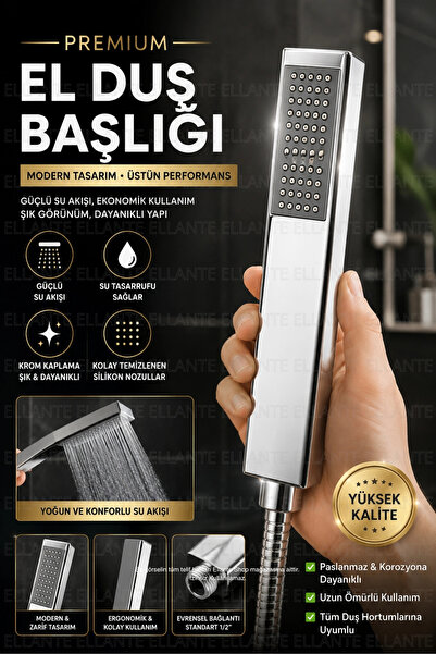 ellante Kare El Duşu Başlığı Krom Paslanmaz Güçlü Su Akışlı Silikon Nozullu 1...