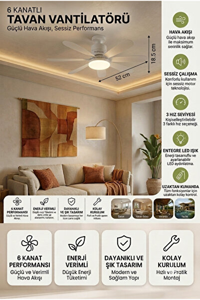 findhouse Uzaktan Kumandalı 6 Kanatlı Yeni Nesil Tavan Tipi Vantilatör E27 Du...