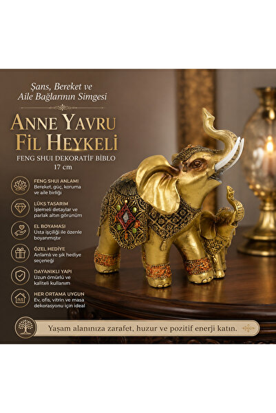 e-life shop Lüks Nakış İşlemeli Anne Yavru Fil Heykeli Feng Shui Şans Bereket...