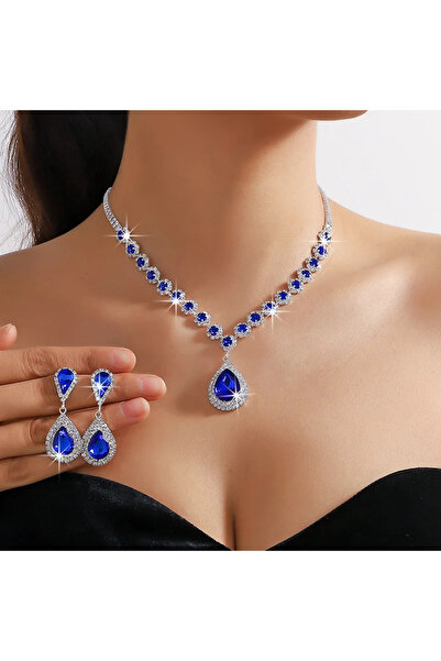 Choice blue FYUAN Luxury Red Green Blue Crystal Necklace Earrings For Women W...