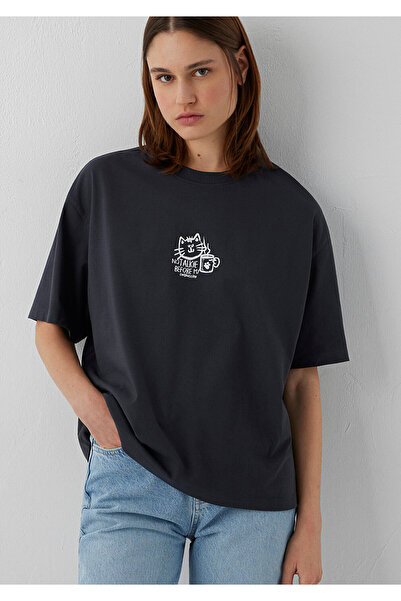 Mavi Cat Printed Anthracite T-Shirt Boxy Fit 1614142-70087