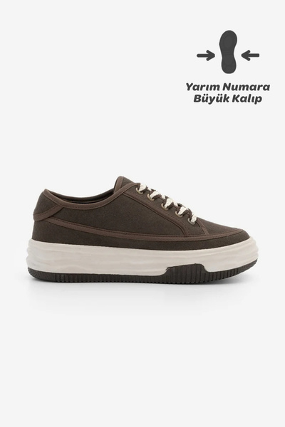 Marjin Kadın Sneaker Yüksek Taban Bağcıklı Spor Ayakkabı Kotnel Kahve Keten