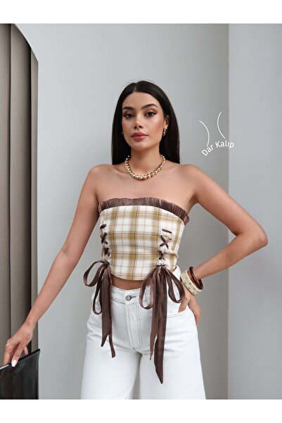 ESRAHELVACI Plaid Pattern Strapless Blouse