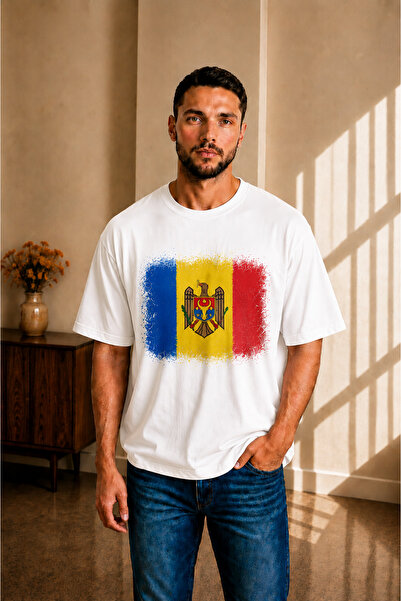 sngl tekstil Ανδρικό μπλουζάκι oversized Moldova Flag με τύπωμα με κοντό μανί...