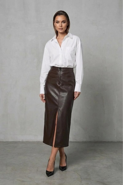Grenj Fashion Brown Slit Faux Leather High-Waisted Maxi Skirt