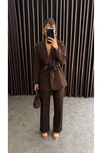 ZF BUTİK Damen-Blazer-Jacke mit Gürtel und Hosenanzug in Braun