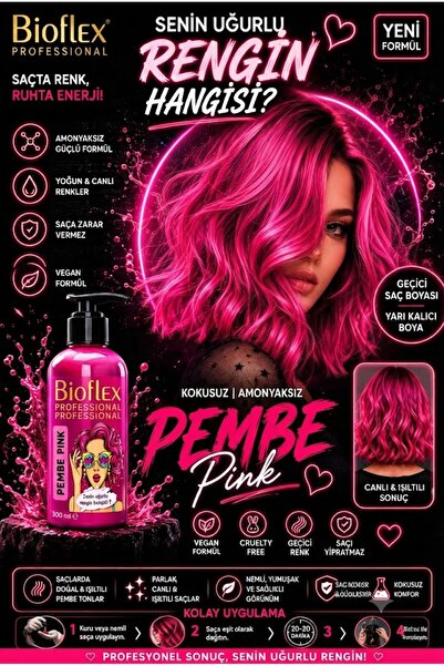Bioflex Pembe Gecici Renkli Saç Boyası 250 Ml Kokusuz Su Bazlı jeans color Pink