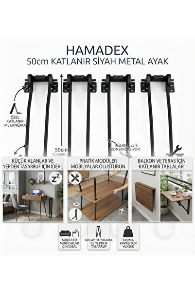 HAMADEX 50cm Siyah Metal Katlanır Masa Ayağı - 4 Adet| Pratik Yer Sofrası & M...