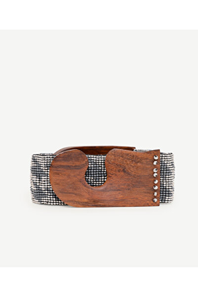 Yargıcı Bead Embroidered Belt with Wooden Buckle and Goose Feet Pattern