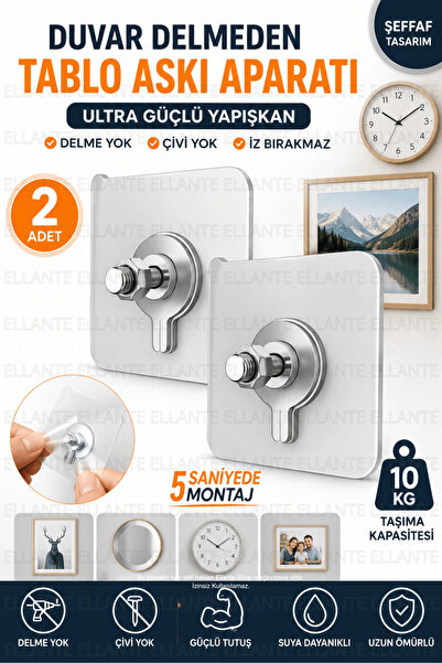 ellante Duvar Delmeden Yapışkanlı Tablo Askı Aparatı 2 Adet Şeffaf Güçlü Yapı...