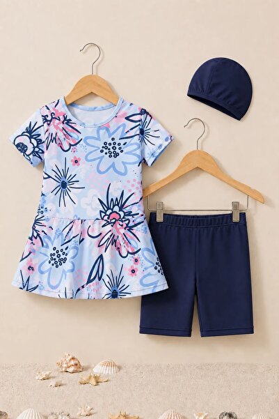 ZUZUNGA Set de costum de baie pentru fete bleumarin cu model de inimă