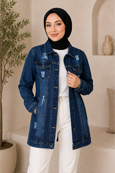 Missvalle Pocket Laser Detailed Denim Jacket Dark Blue 6095