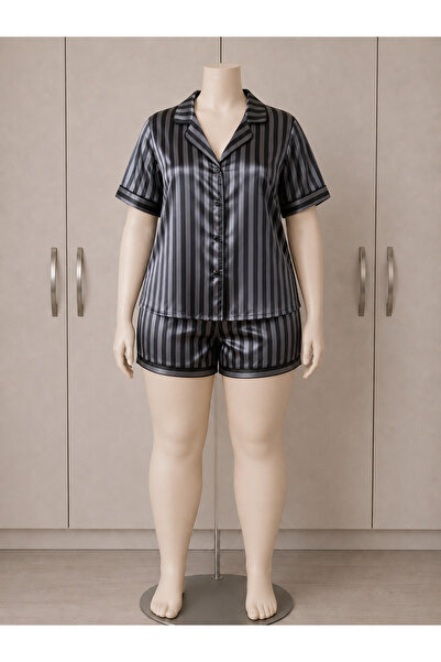 Lady Lingerie LADY Plus Size Satin Pajama Set for Women – Striped 2-Piece Sle...