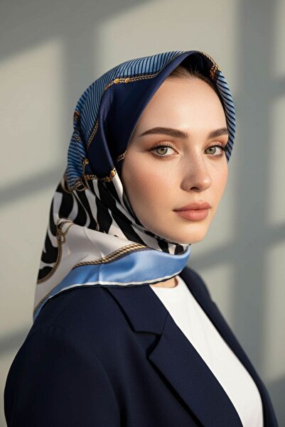 Vissona %100 Twill İpek Zincirli Ve Zebra Desenli İndigo - Lacivert Renkli 90...