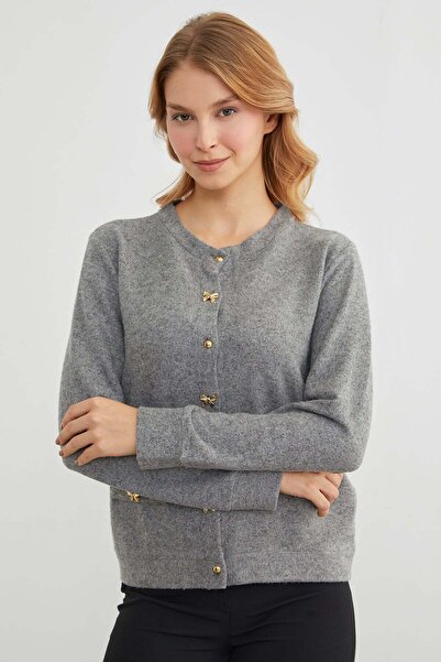 Fulla Moda كارديغان محبوك بأزرار وجيوب، مزين بفيونكة