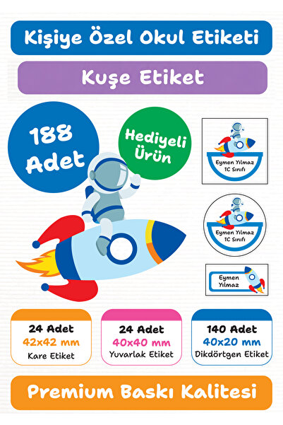 repro design Astronot Temalı Kişiye Özel 188 Adet Okul Etiketi Kalem Defter K...