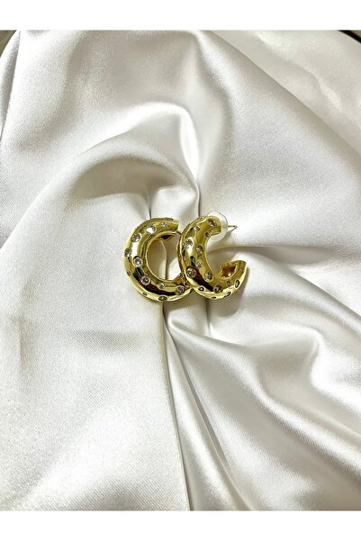 Taşlı İri Halka Küpe Gold