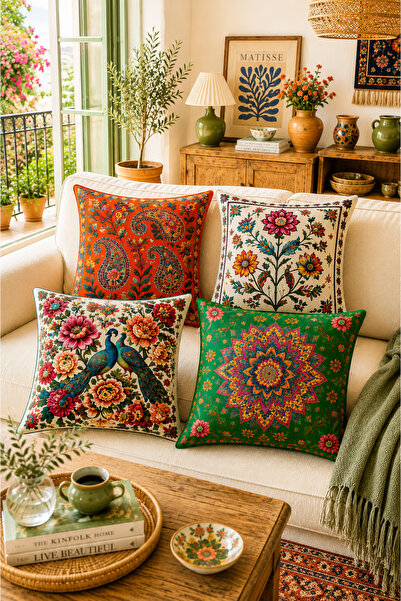 ayshome textile Ays Home Etnik Çiçek Desenli ÇİFT TARAFLI 4'Lü Kırlent Kılıfı Seti