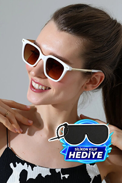 MİLANO KORS Women's White Frame Brown Glass Sunglasses with Gold Handle Detail