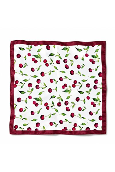 Axesoire 15326 Kiraz Desenli Kırmızı Beyaz Saten Bandana Fular 50x50 cm