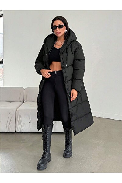 ladyzey Women's Black Hooded Long Puffer Coat