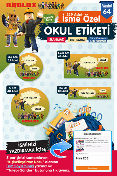 t tuğset etiket Okul Etiketi Roblox Kalem Defter Etiketi Özel İsim Yazılabile...
