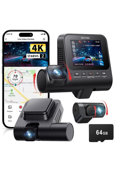 Jzones Cameră auto DVR triplă 4K Ultra HD STARVIS 2, MicroSD 64Gb