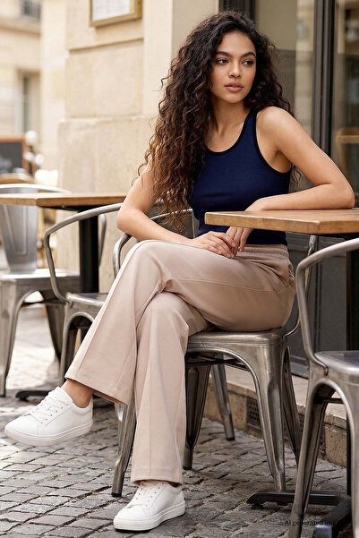 TOMMY LIFE Pantaloni Palazzo de damă, bej, cu textura moale, cu buzunare, cu ...