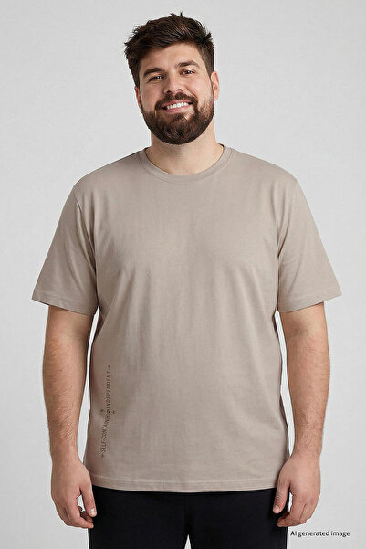 TOMMY LIFE Beige Printed O-Neck Comfortable Fit Oversized Plus Size Men's T-S...