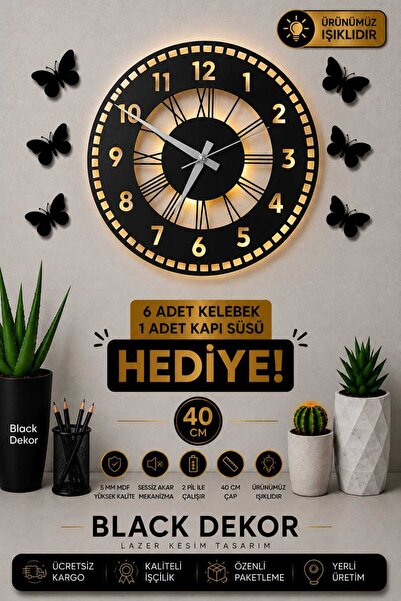 Blackdekor Siyah Işıklı Ahşap Duvar Saati | Modern Duvar Saati Ve Şık Dekorat...