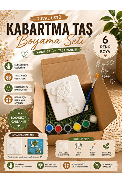 Floroon gift Tuval Üstü Kabartma Taş Boyama Seti | Kaplumbağa Figürlü 10x10 c...