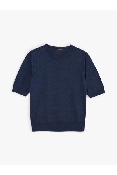 Sisley Cotton and Wool Blend Ribbed Collar Short Sleeve Sweater Women's Pale ...