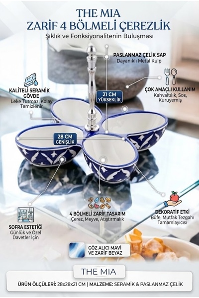 RİVO HOME DECOR Corallo Çerezlik 4 Bölmeli 28x28x21 Cm