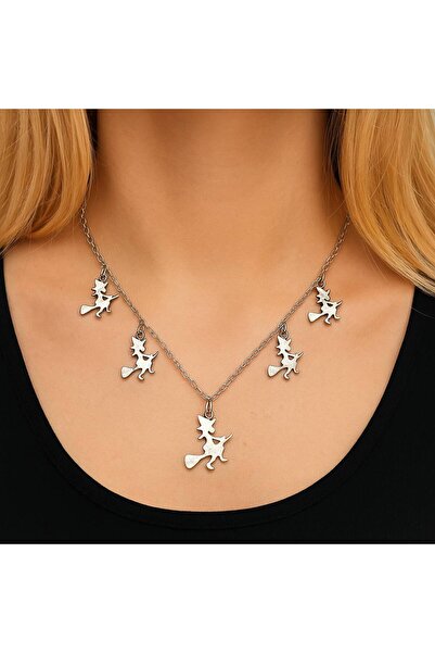 Herşey Nota 5-Piece Women's Necklace with Witch Figure and Broom – 60 cm Chai...