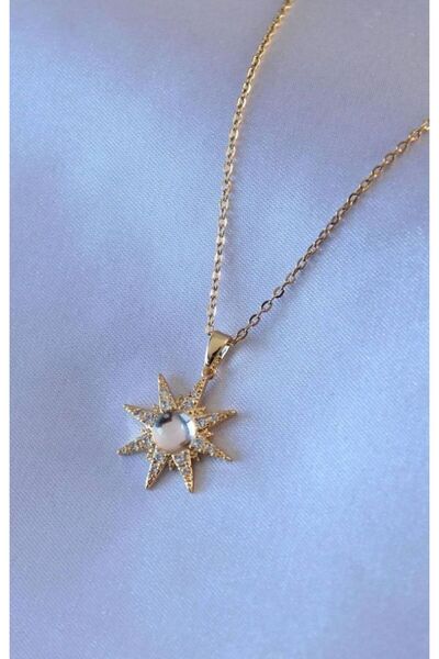 Herşey Nota Zircon Stone Pearl Polar Star Women's Necklace – Gold Color Stain...