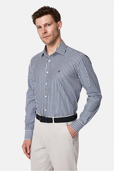 Abdullah Kiğılı Long Sleeve Regular Fit Striped Embroidered 100% Cotton Shirt