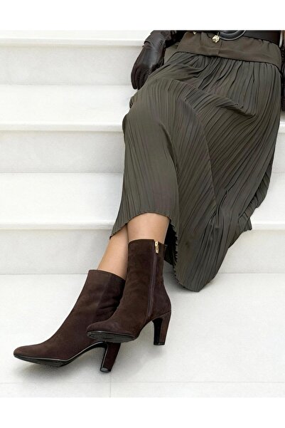 ESSO LA MİA Li̇li̇yana Genuine Leather Heels _ Short Women's Boots-Brown Suede