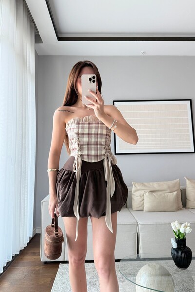 HARMONY GLOBAL Women's Beige Strapless Plaid Bustier - Stylish Crop Top with ...