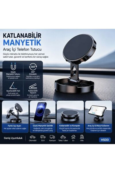schitec Katlanabilir Manyetik Araç İçi Telefon Tutucu Siyah H500